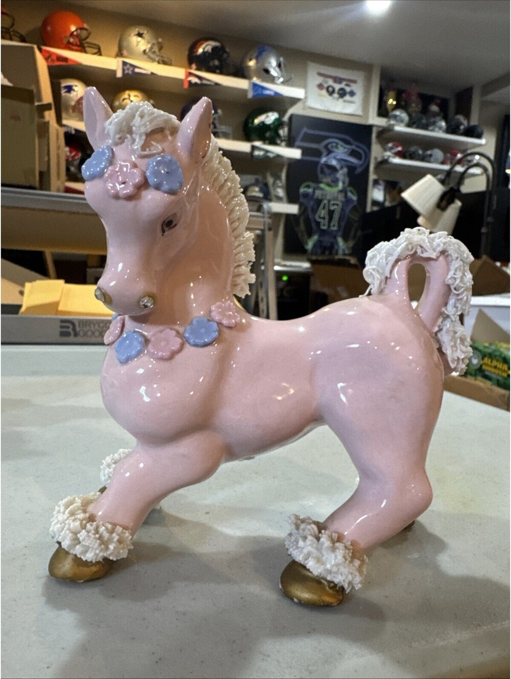 MCM 5.25" Pink & Blue Flowers Spaghetti Horse Ceramic JAPAN Muscular Figurine